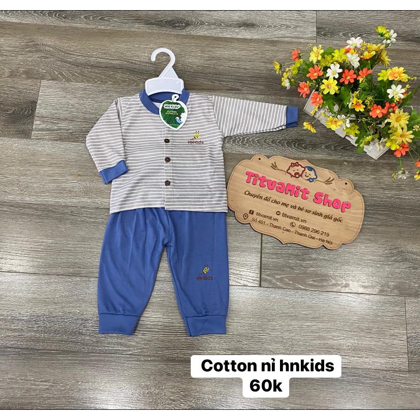 Bộ dài hnkids cúc giữa cotton nỉ, bộ dài tay cho bé trai bé gái