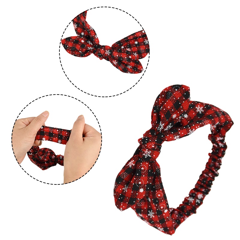 Băng đô cài tóc thắt nơ tai thỏ họa tiết caro/ bông tuyết dễ thương chống trượt phong cách giáng sinh cho nữ