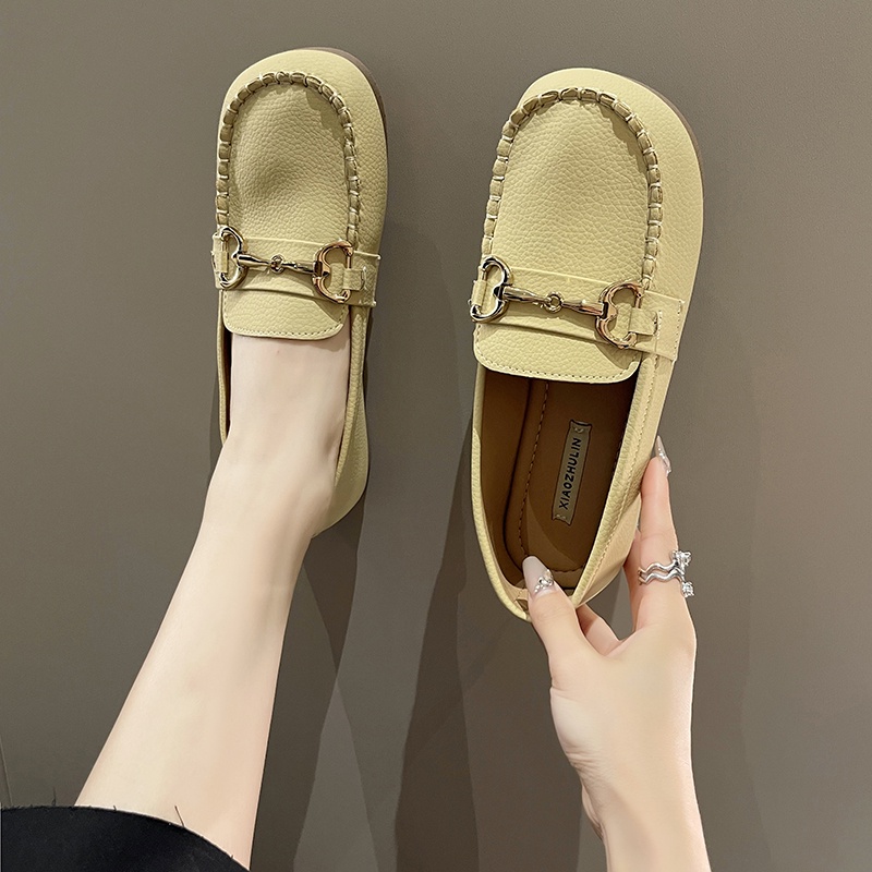 Giày Lười Da Đế Bằng Mũi Tròn Thời Trang Công Sở Thanh Lịch Cho Nữ