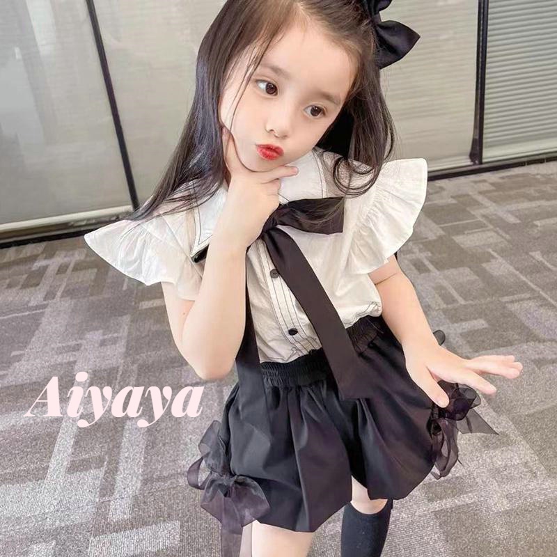 Aiyaya quần áo bé gái Sơ mi nơ + quần short bộ 2 món thời trang trẻ em（169）