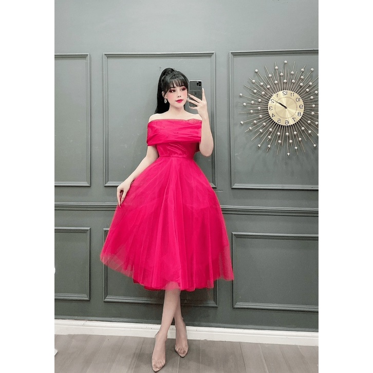 ĐẦM XÒE LƯỚI DỰ TIỆC SANG CHẢNH HÀNG THIẾT KẾ KHOE VAI TRẦN SEXY PU