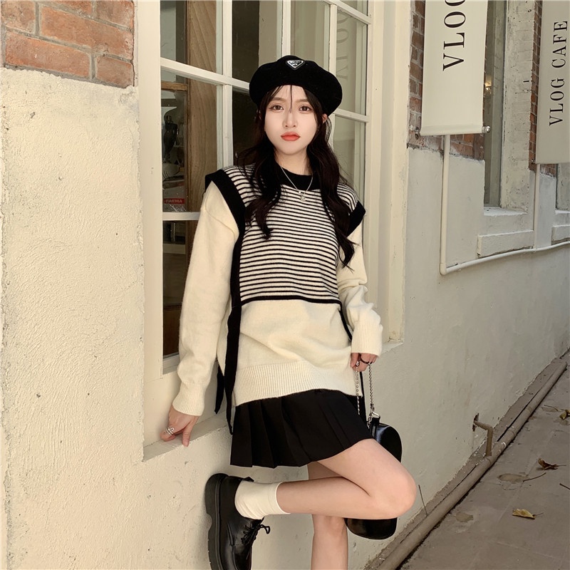 Áo sweater ghép nối kẻ sọc dáng rộng phong cách trẻ trung thời trang | BigBuy360 - bigbuy360.vn