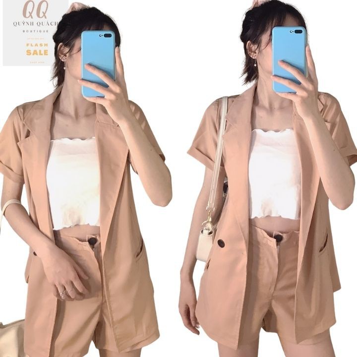 Set vest nữ áo blazer tay ngắn 1 lớp túi nắp phong cách hàn quốc kèm quần short cạp chun thanh lịch JUMIO | BigBuy360 - bigbuy360.vn