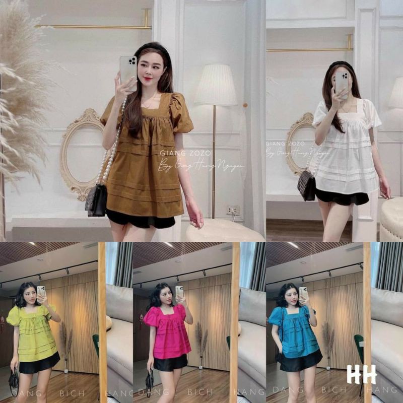 Áo cổ vuông tay ngắn dáng babydoll tầng xoè form rộng nhiều màu
