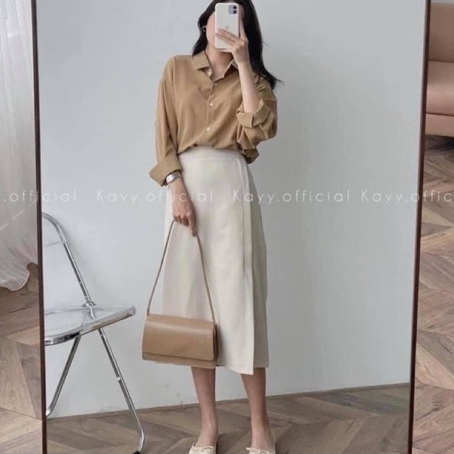 Set bộ áo sơ mi nâu trơn mix chân váy be bút chì công sở siêu đẹp l1 om yy