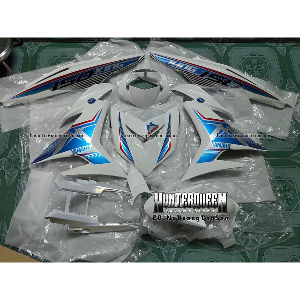Tem Exciter 150, MX nhọn. Xe trắng, tem xanh. Chất liệu candy nhám. Chỉnh sửa theo yêu cầu. Sắc nét, bền màu, chống nước