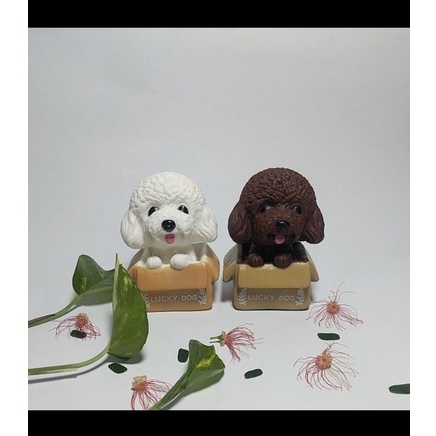 Trang trí chó Poodle trắng ngồi giỏ_Phụ kiện trang trí bánh sinh nhật