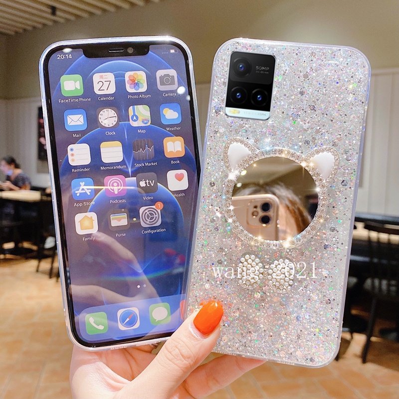 Ốp điện thoại silicon đính nơ và gương trang điểm xinh xắn cho Vivo Y33s Y21s Y21 Y20 Y72 2021