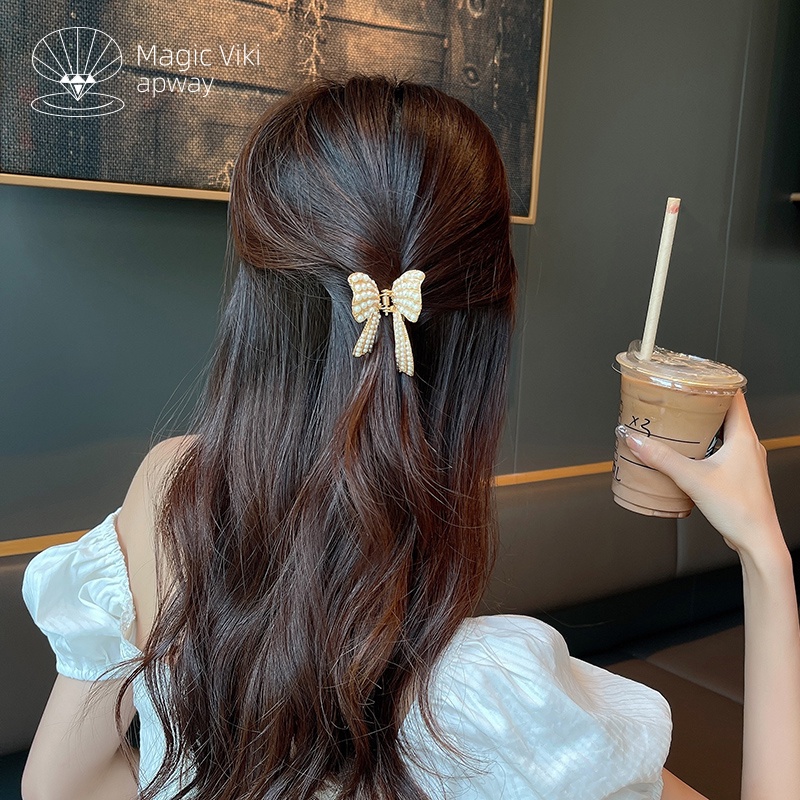 Kẹp Tóc Nơ Đính Đá Và Ngọc Trai Giả Phong Cách Vintage Mới