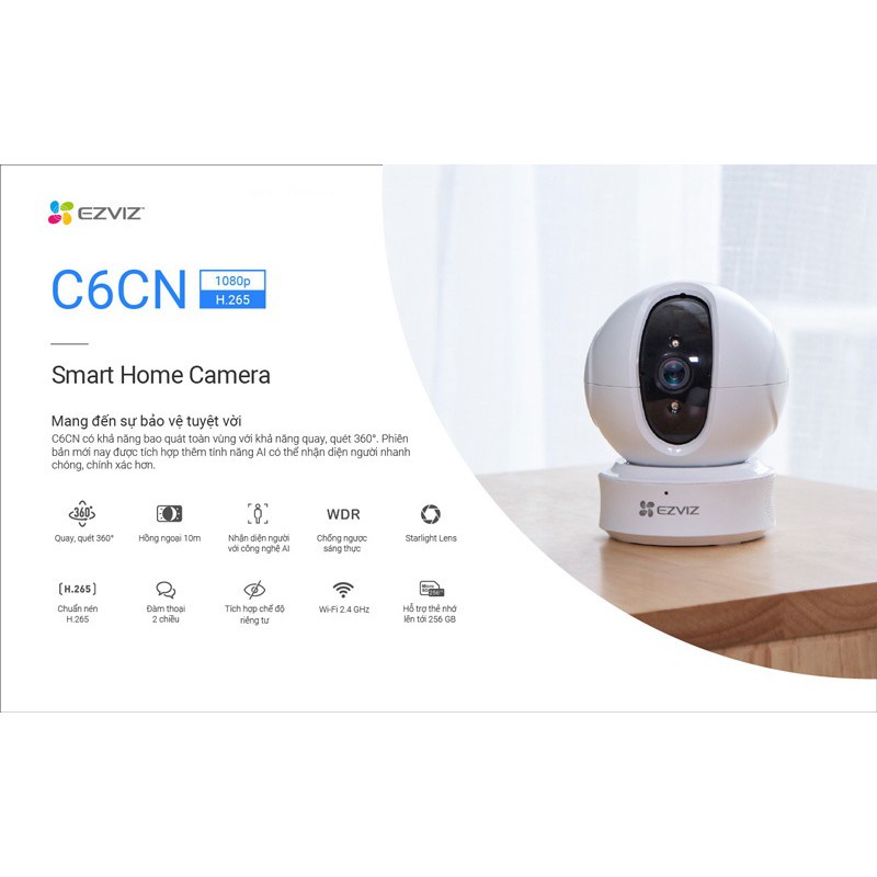 Camera wifi AI không dây Ezviz C6CN 2MP C6W 4MP, tích hợp AI H265, đàm thoại 2 chiều, xoay 360 độ (hàng chính hãng)