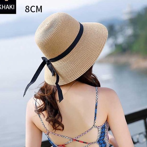 Mũ cói đi biển Cloche - mũ chuông vành rộng - viền dây nơ đen dài