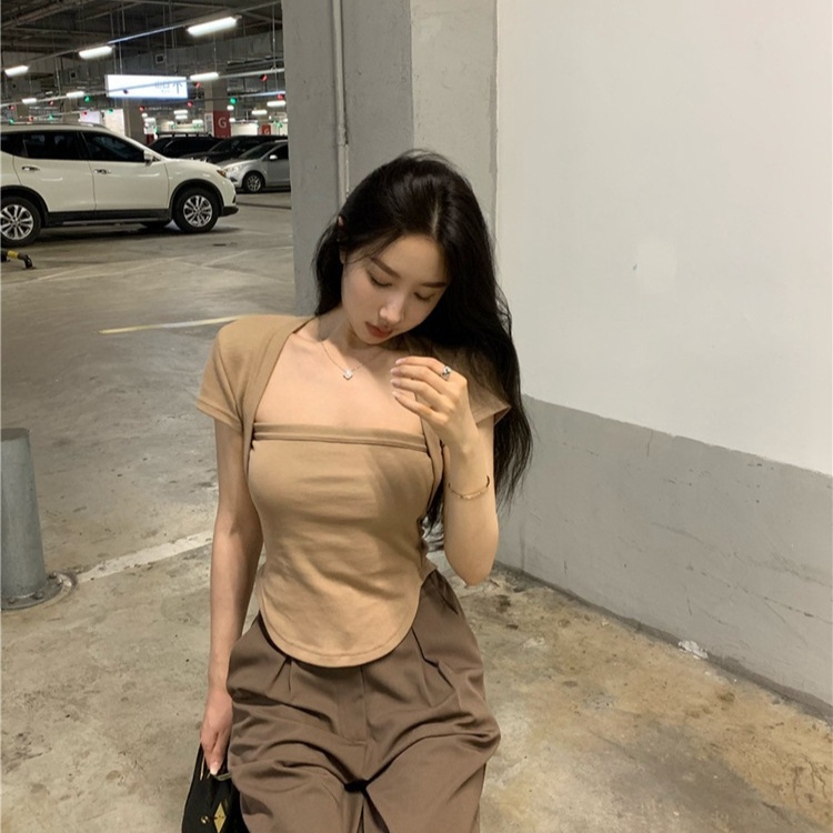 Áo Thun Tay Ngắn Cổ Vuông Dáng Ôm Màu Trơn Thời Trang Mùa Hè Xinh Xắn Cho Nữ