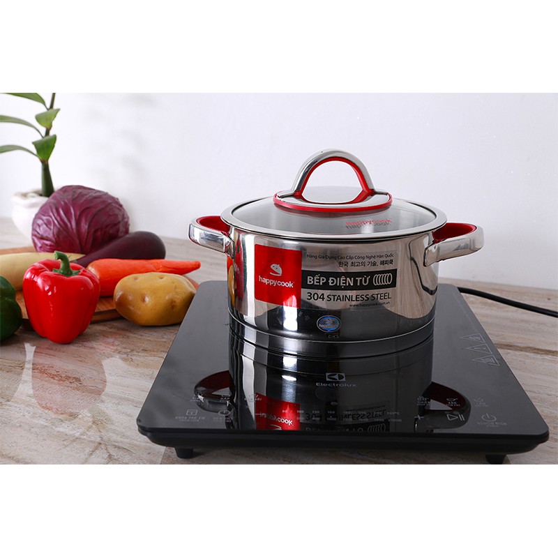 〖An toàn sử dụng 〗Nồi inox cao cấp 3 đáy Happy Cook Aries HC-20AR (20cm) - Hấp thụ nhiệt tốt,không bị oxy hóa - Nắp kính