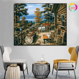 Tranh Tô Màu Theo Số - Tranh Sơn Dầu Số Hóa Tự Tô Ngôi Nhà Gỗ Bên Rừng Thông