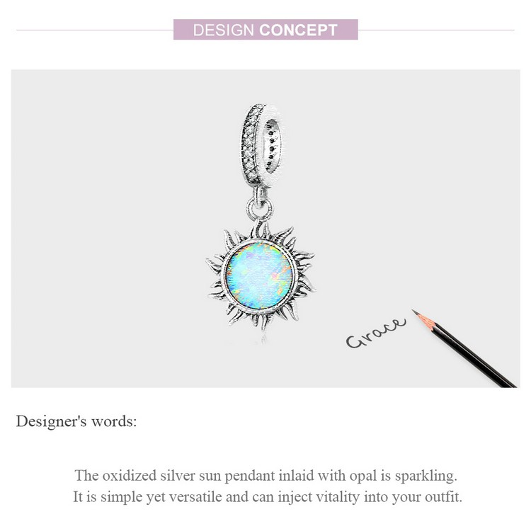 Hạt phụ kiện Bamoer Scc2005 bằng bạc 925 hình mặt trời đính đá opal làm vòng tay và dây chuyền DIY lỗ xỏ 4.5mm