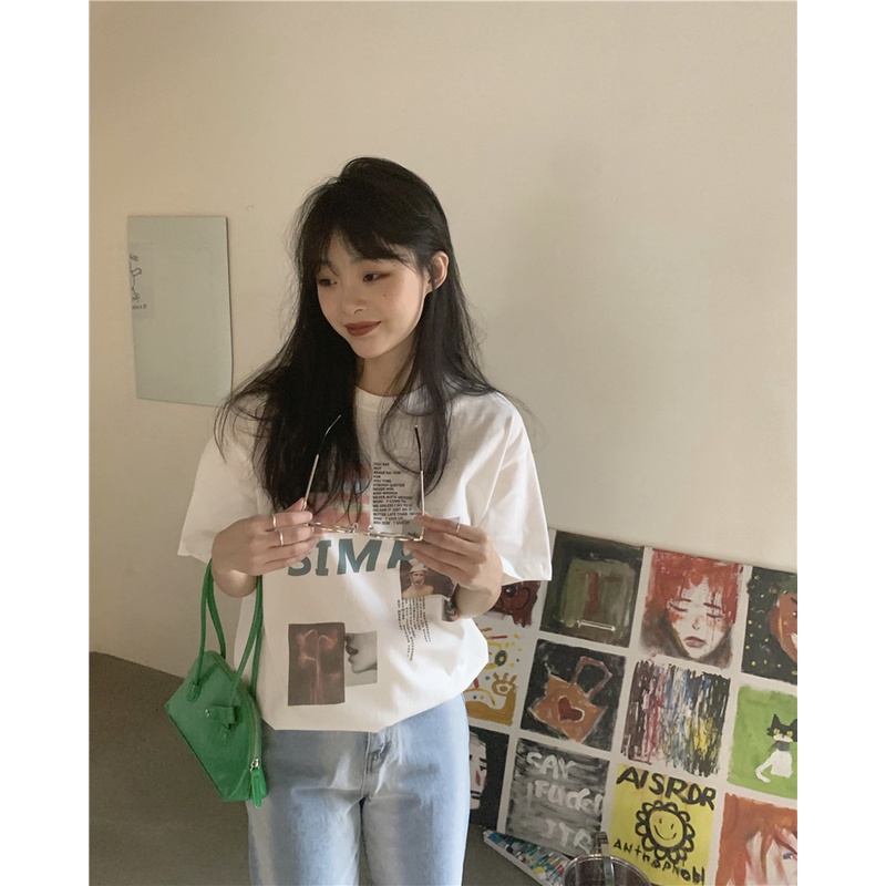 Áo Thun Tay Ngắn Dáng Rộng In Hình Thời Trang Kiểu retro Mỹ Cho Nữ