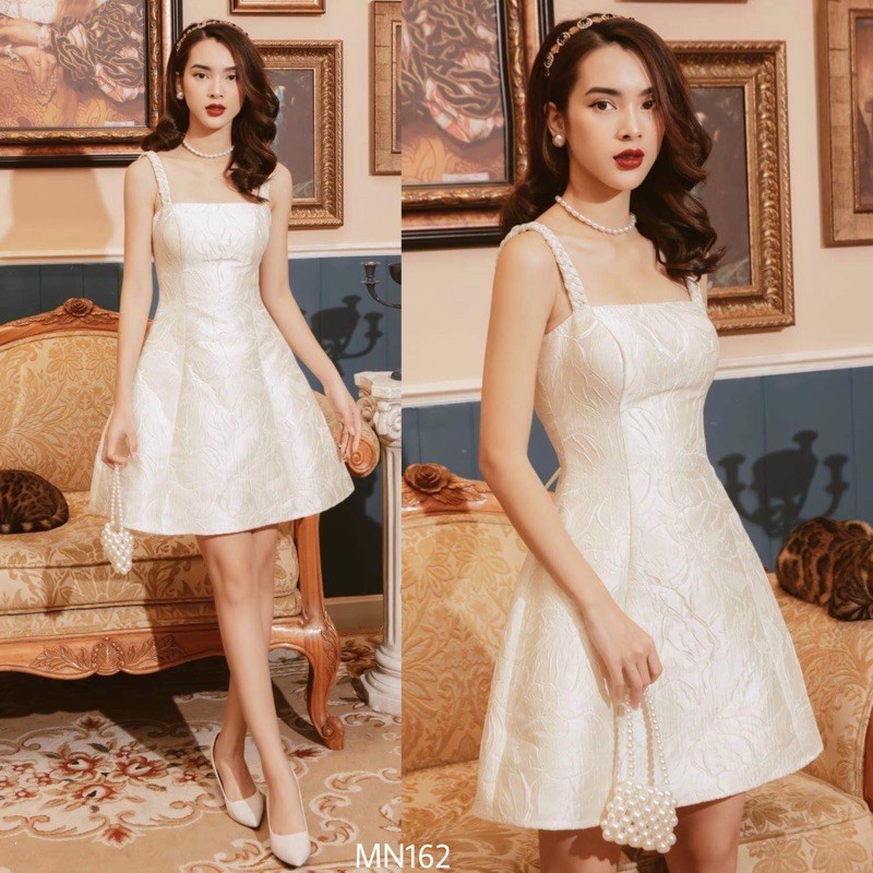 Đầm trắng | Đầm gấm hoa xoè | Đầm hai dây thắt bính dễ thương | Đầm dự tiệc đi chơi sang trọng - MN162 - Đầm Váy Mina | BigBuy360 - bigbuy360.vn