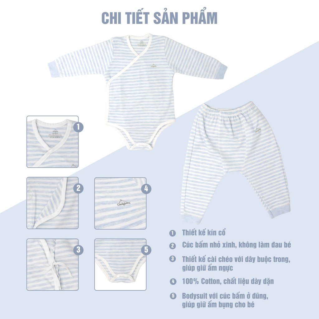 Bộ quần áo bodysuit cho bé cài chéo giữ ấm ngực, dài tay 100% cotton ComfyBaby size từ 3-12 tháng