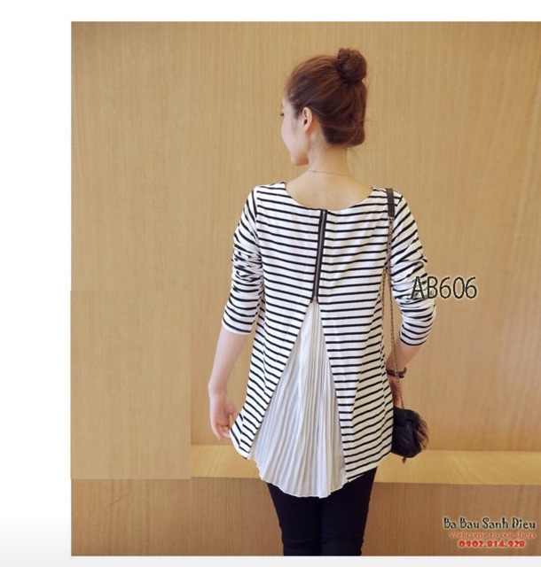 Áo bầu Dài thu đông thiết kế kẻ trắng đen