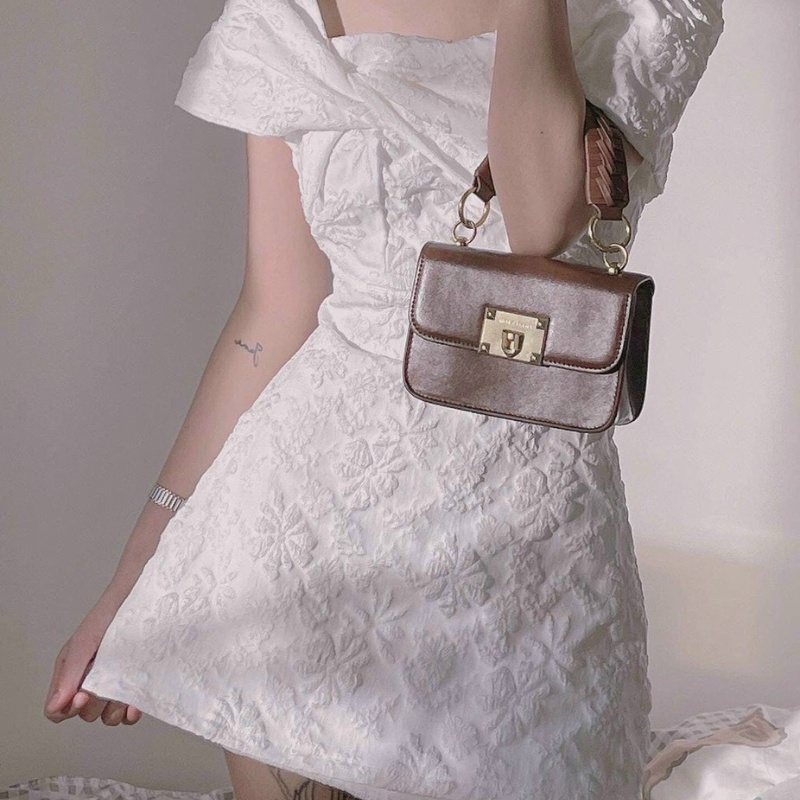 Đầm nữ dự tiệc váy bẹt vai nơ xoắn màu trắng thiết kế xinh xắn sáng chảnh đi đám cưới đi chơi đi tiệc