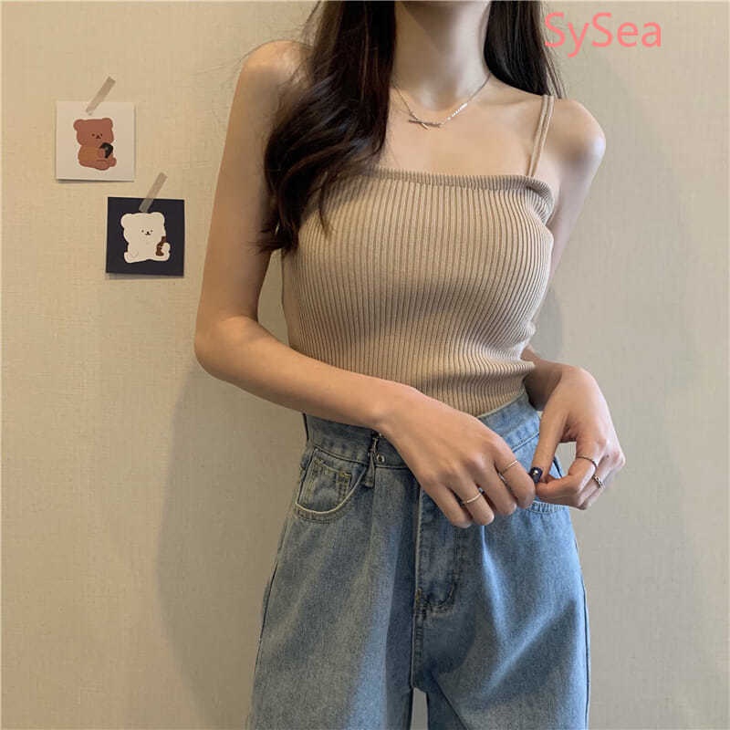 Áo Hai Dây Dệt Kim Màu Sắc Đơn Giản Phong Cách Retro Cho Nữ