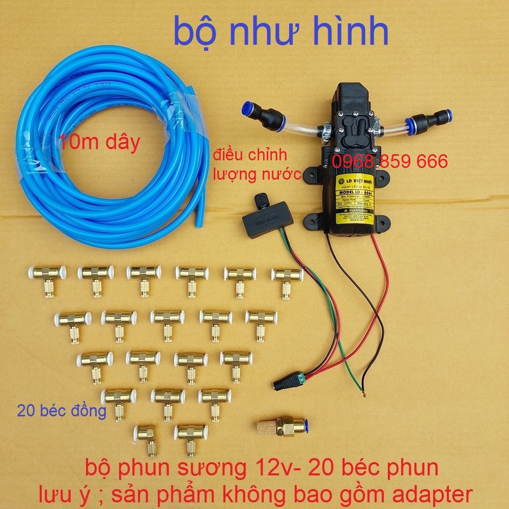 bộ phun sương làm mát, tưới lan 5 béc - 30 béc, máy bơm áp lực 12v ( bộ phun sương 12v- không nguồn)