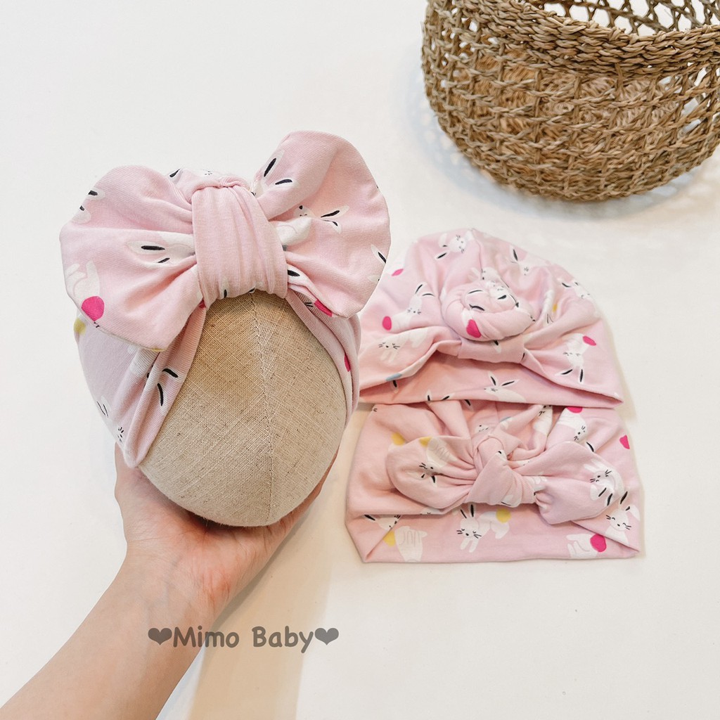 Mũ turban bé gái - Hồng in hình thỏ, chuột mickey (4-8kg)