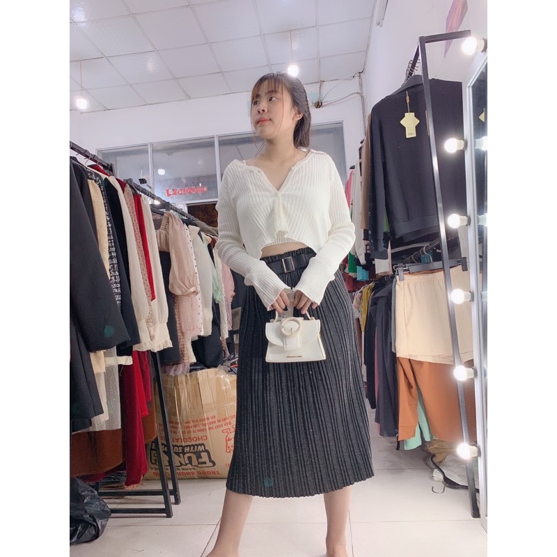 CHÂN VÁY DẠ NHŨ MIDI KÈM ĐAI NƠ