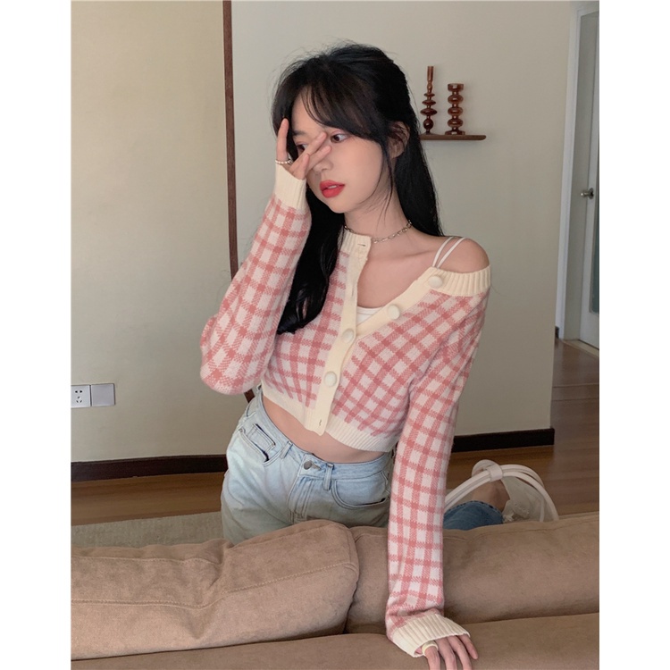 Porozi  Áo khoác cardigan dệt kim tay dài họa tiết sọc caro phong cách Hàn quốc thời trang