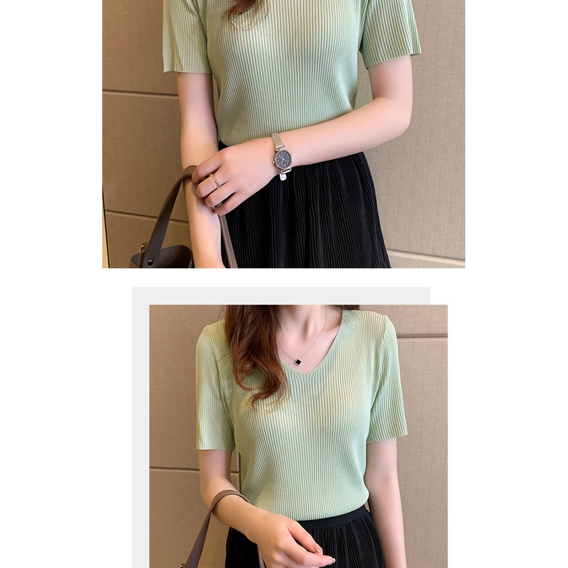 Áo Dệt Kim Tay Ngắn Chất Liệu Co Giãn Thoải Mái Cho Nữ