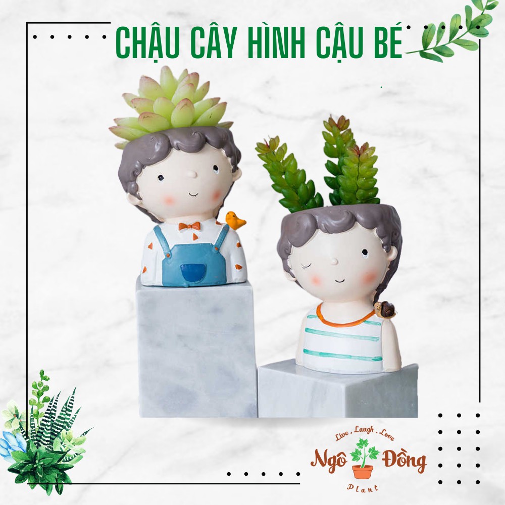 Bộ 2 Chậu Cây Hình Cậu Bé Đáng Yêu Dùng Trang Trí Bàn Làm Việc, Sen Đá Xương Rồng