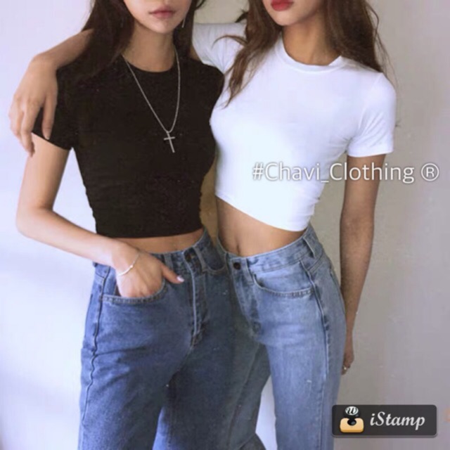 Áo phông croptop cộc tay basic chất đẹp co dãn nhẹ