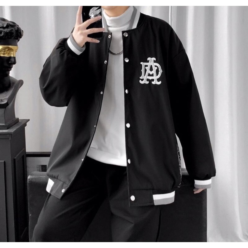 Áo khoác dù - bomber dù hai lớp mặc hè đen có phối họa tiết basic