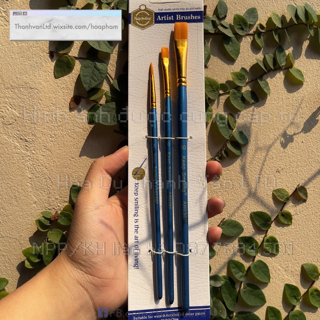 Bộ 3 cọ vẽ màu nước , sơn dầu , acrylic , màu bột gouache | bộ cọ Keep Smiling thân xanh/nâu lông nhân tạo