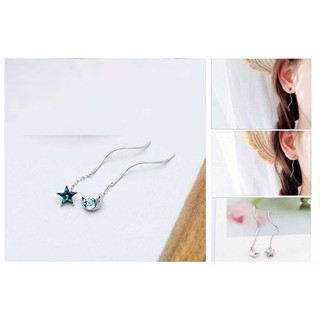 Bông tai bạc xi kim nữ trăng sao dài đá xanh dương