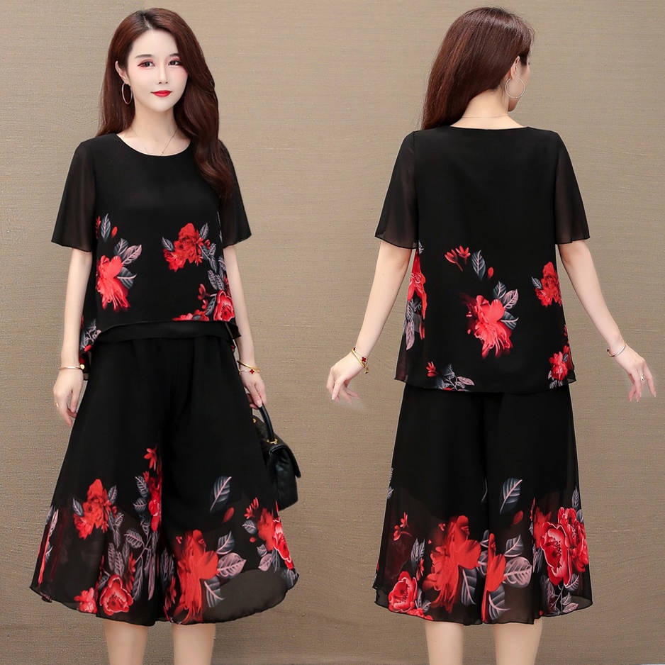 Bộ Áo chiffon + Quần Ống Rộng Thời Trang Mùa Hè Năm 2021 Mới Dành Cho Phụ Nữ Trung Niên