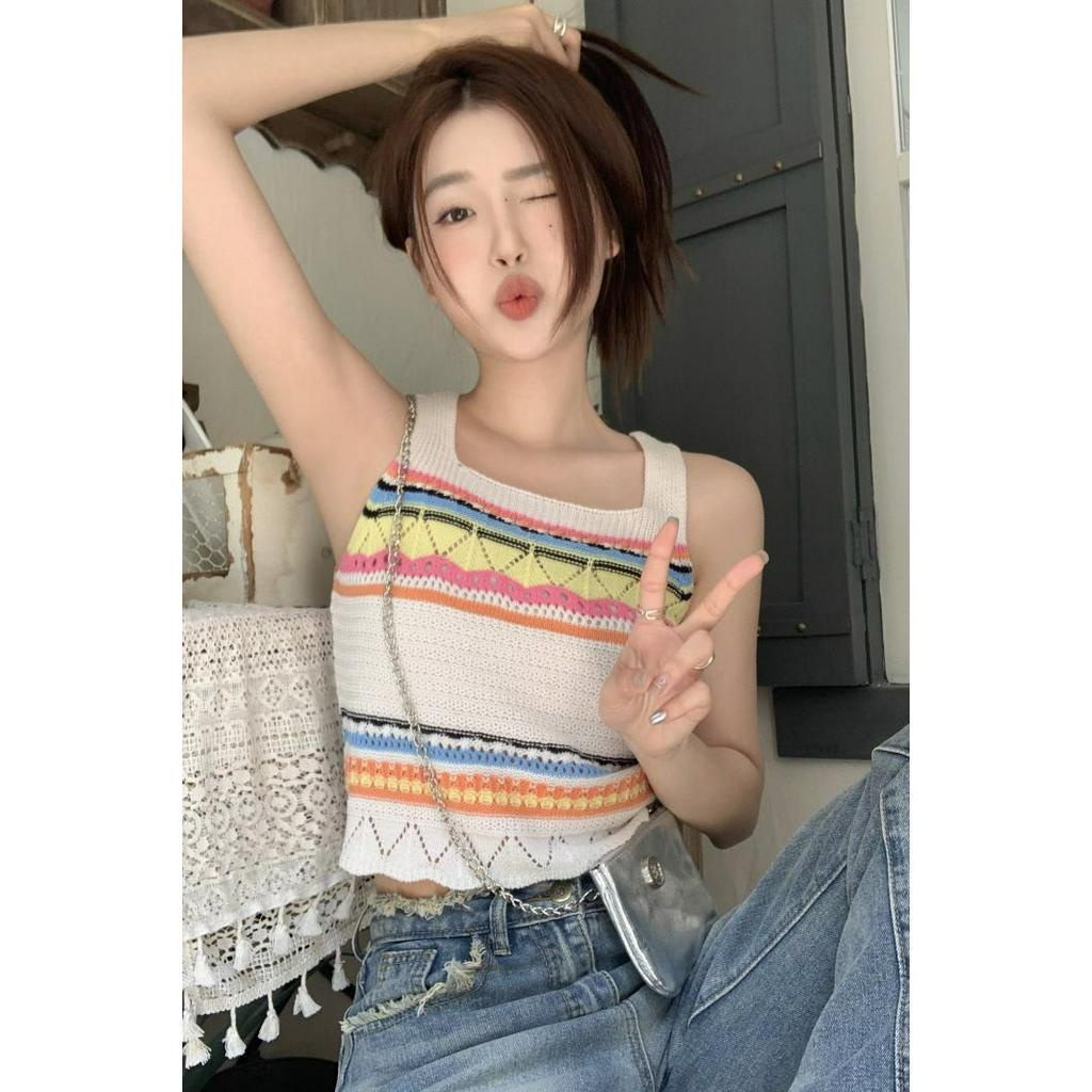 qkoole   Áo Hai Dây Dệt Kim Họa Tiết Kẻ Sọc Rỗng Kiểu Dân Tộc Thời Trang Xuân Hè