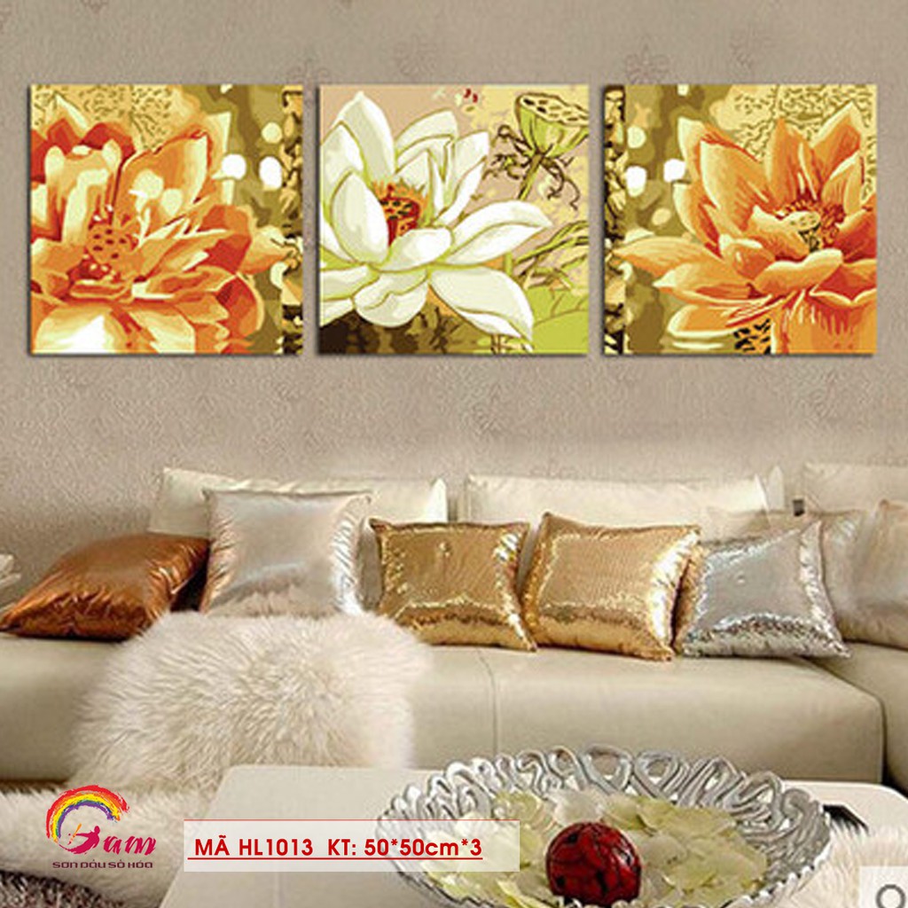 Bộ 3 tranh sơn dầu số hóa tự tô màu DIY hoa sen - Mã HL1013 Hỷ kết liên hoa Tranh hoa sen cổ điển