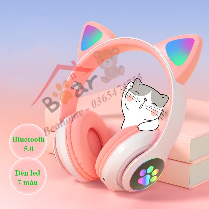 Tai nghe mèo 7 màu kết nối bluetooth, Tai nghe chụp tai tai mèo dễ thương màu hồng có micro đàm thoại. Headphone mèo