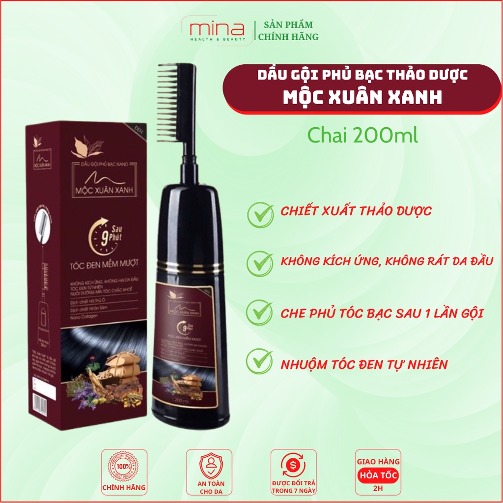 Dầu Gội Phủ Bạc Thảo Dược MỘC XUÂN XANH Chai 200ml - Gội Là Đen Nhuộm Tóc Đen Tự Nhiên Không Phai Chỉ Sau 9 Phút