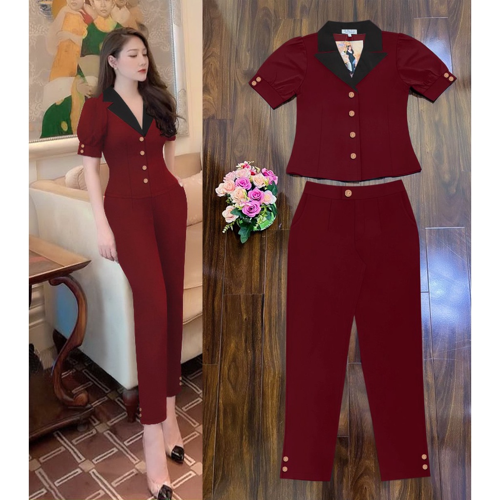Đồ Bộ Nữ 🌸FREESHIP🌸 Set nguyên bộ quần dài áo cổ vest phối màu dây kéo sau lưng xinh xắn J1129