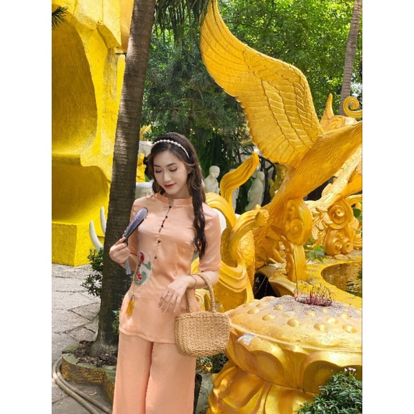 Đồ Lam Nữ Đi Chùa - Mẫu lụa thêu tranh cổ trụ trang nhã đẹp CG03
