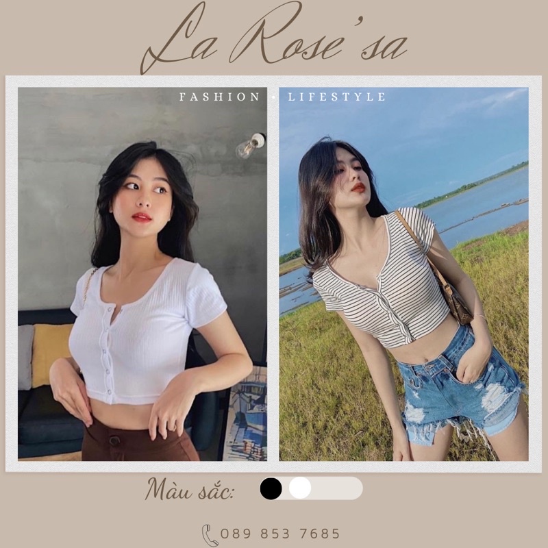 Croptop Tay Ngắn Nút Bấm Ngực [ảnh thật