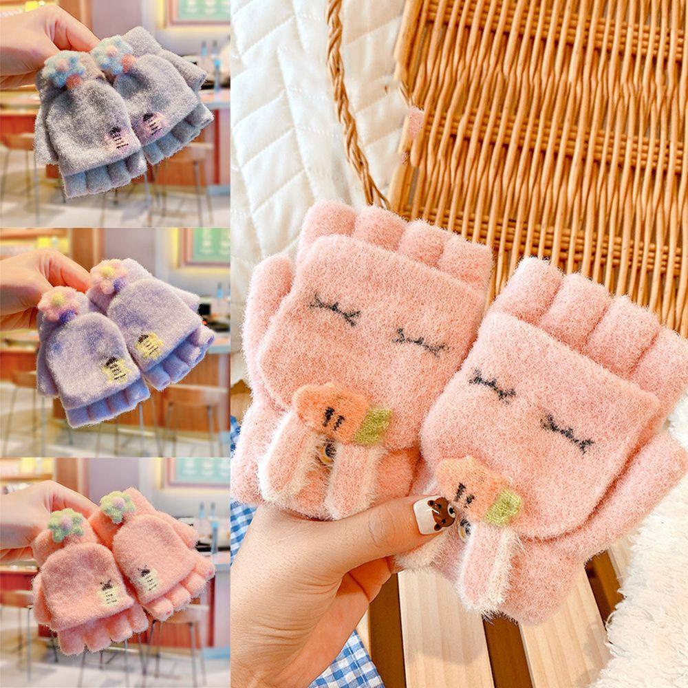 SUSANS Găng Tay Thể Thao Hở Ngón Vải Nhung San Hô Dày Ấm Áp Xinh Xắn Cho Bé Trai Gái