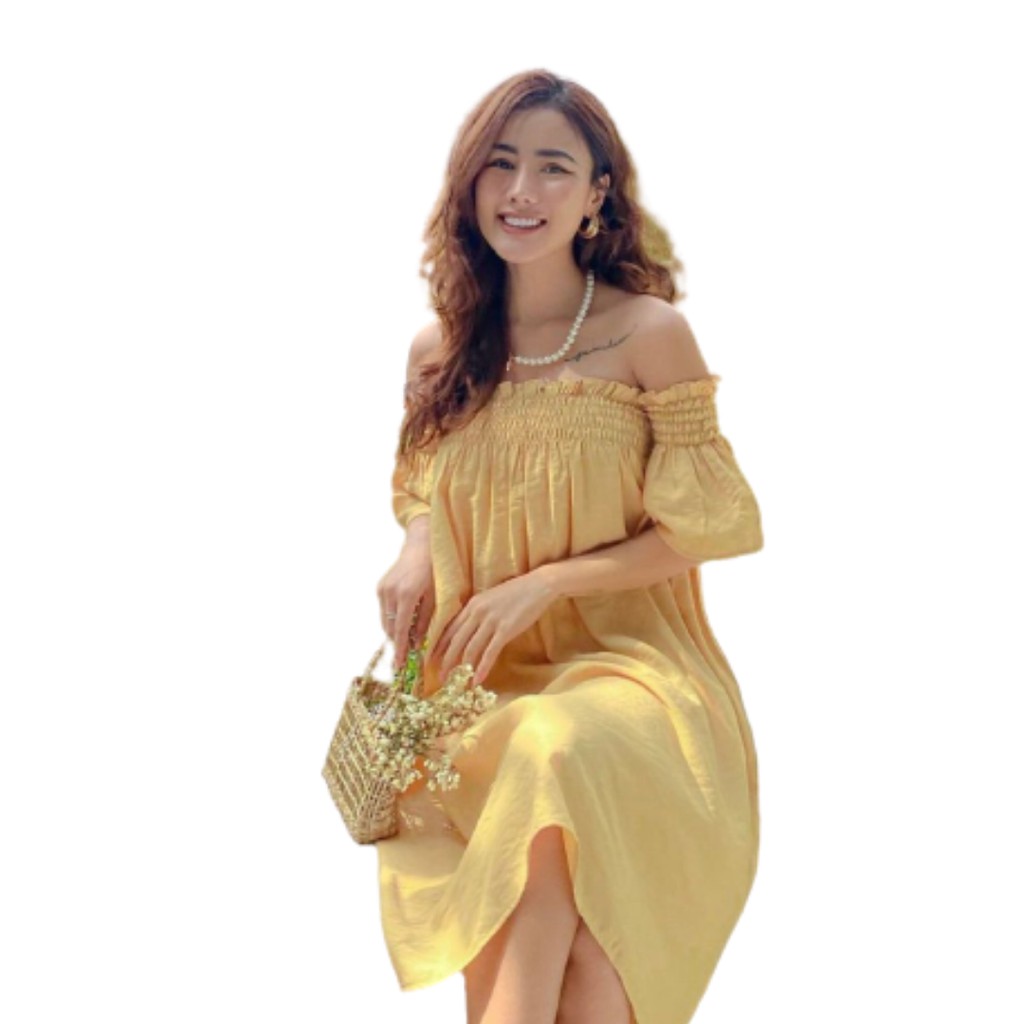 YU CHERRY | Đầm nữ trễ vai vải linen mịn Drop Off Shoulder Dress YD135