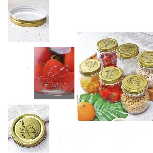 HỦ THỦY TINH IN HOA VĂN HÌNH TRÁI CÂY_NẮP NHÔM VÀNG IN HOA 350ML