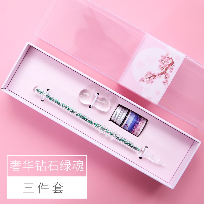 Bộ Bút Máy Chấm Mực Bằng Thủy Tinh Pha Lê Thời Trang Dùng Làm Quà Tặng Cho Học Sinh