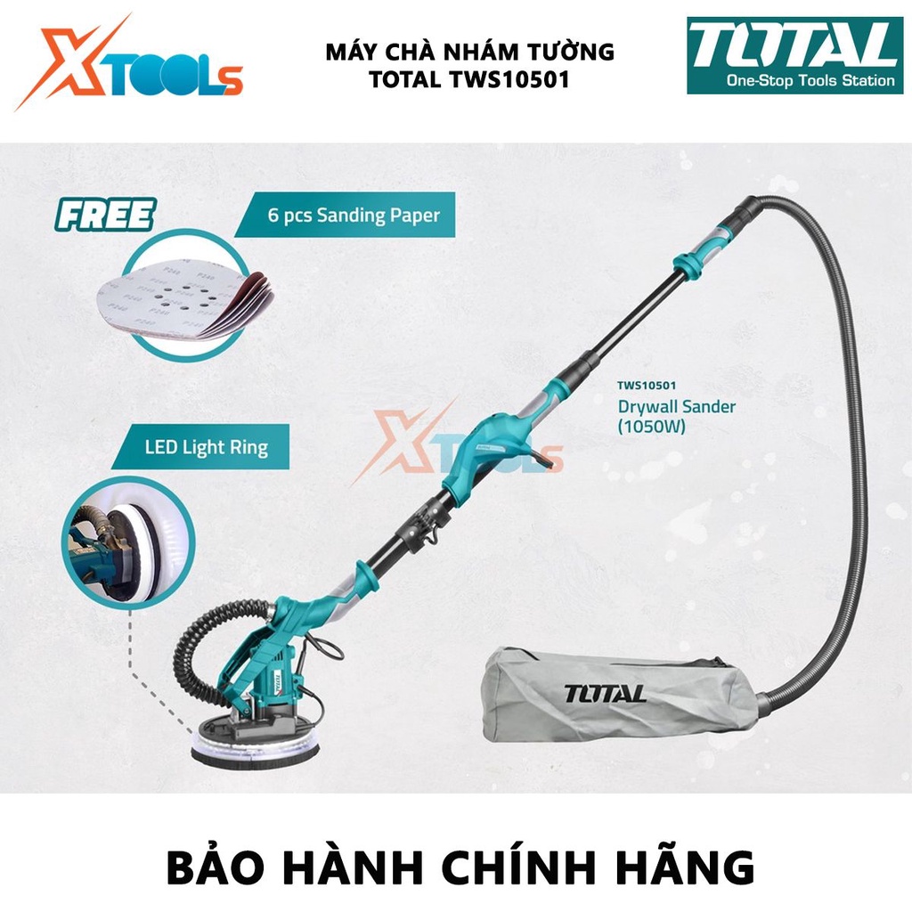 Máy chà tường TOTAL TWS10501 Máy chà nhám tường Công suất: 1050W Kèm theo 6 giấy nhám, 2 ống nối, 1 ống mềm, 1 thanh mở