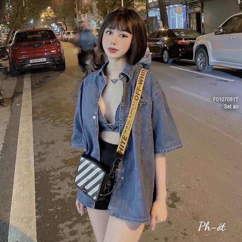 Set cặp áo jean xanh áo sơ mi áo bra