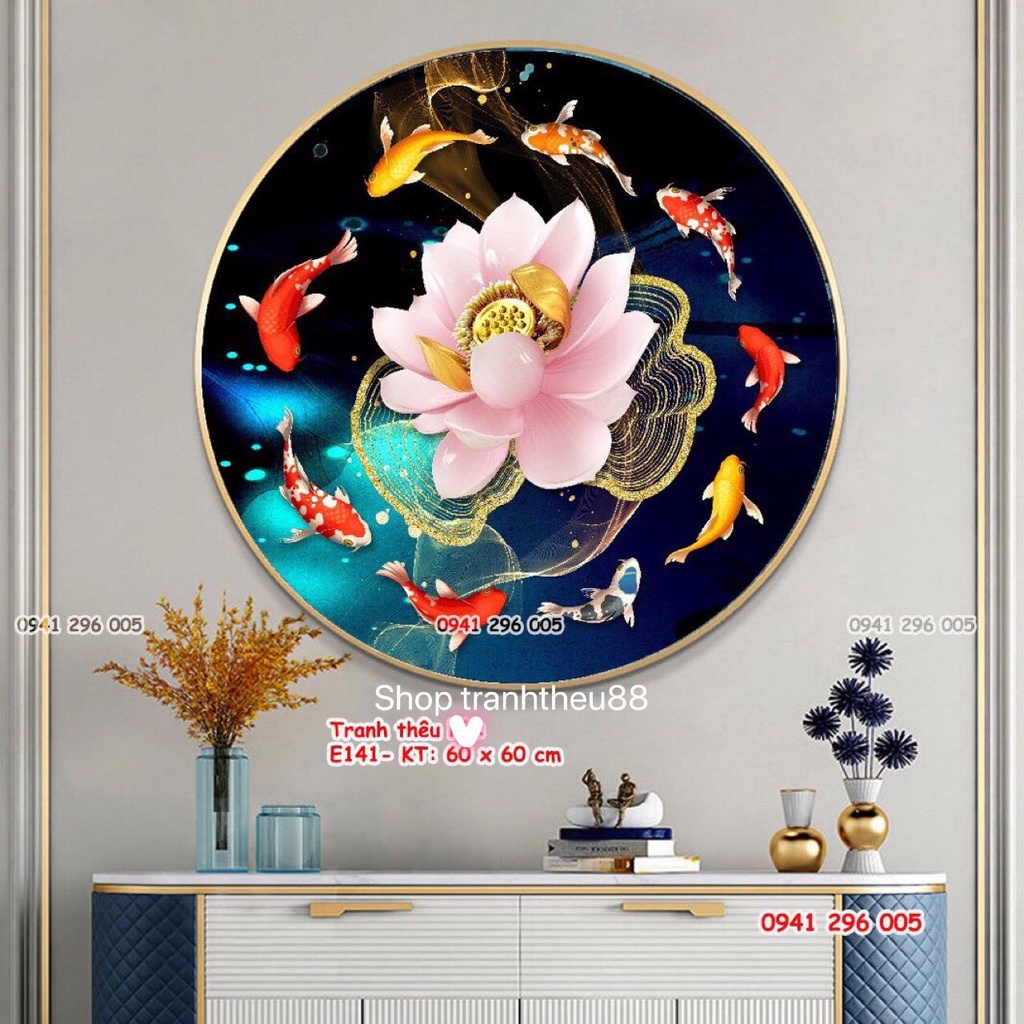 Tranh thêu Cá Tài Lộc Hoa Sen Phú Quý E141- Kích thước 60x60cm (chưa thêu)
